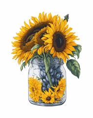 Sunflower bouquet in a glass jar. 

