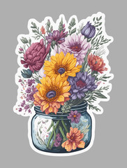 Flower bouquet in a glass jar, white background.
