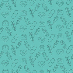 Seamless medical pattern on a blue background.