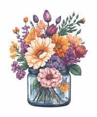 Flower bouquet in a glass jar, white background.
