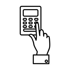 Hand pressing keys of calculator isolated on white. Accountant counting profit. Business pictogram symbol. Simple thin line black and white vector icon