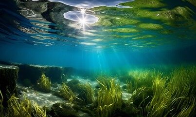 Fototapeta na wymiar Underwater view of a seabed area covered with green seagrass