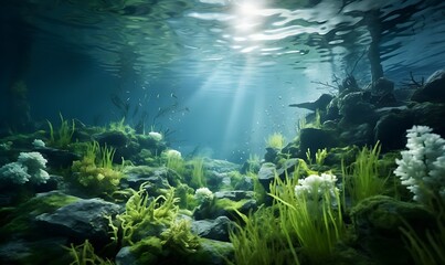 Underwater view of a seabed area covered with green seagrass