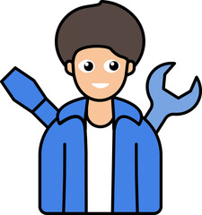 Mechanic Or Developer Man Cartoon Icon In Blue And White Color.