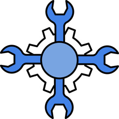 Bolt Open With Four Wrench Icon In Blue And White Color.