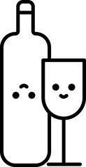 Cute Face Wine Bottle And Drink Glass Black Line Art Icon.