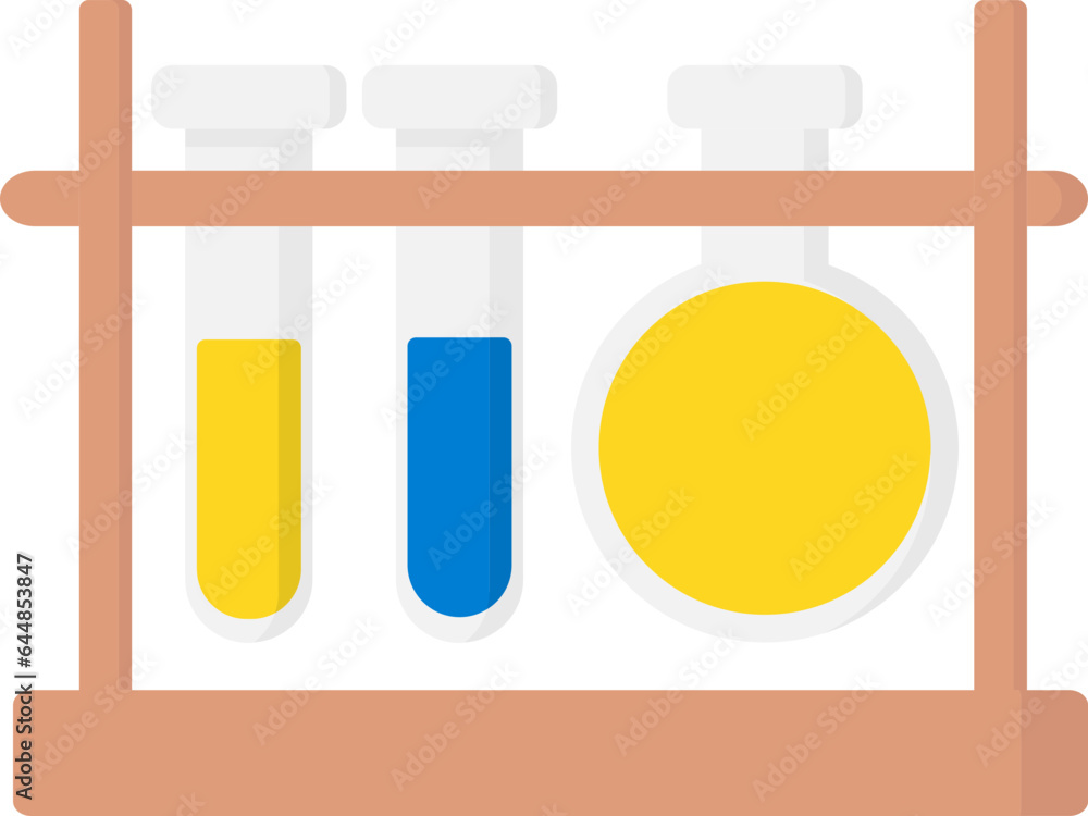 Poster yellow and blue liquid beaker and test tube rack flat icon.