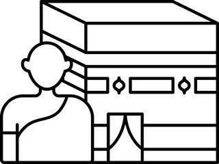 Isolated Muslim Man With Kaaba Icon In Line Art.