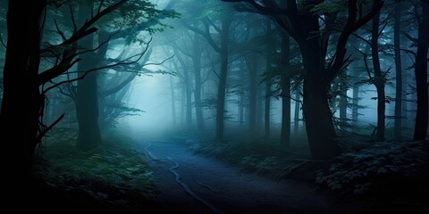Mysterious misty morning nature. Embracing darkness. Foggy forest landscape. Lost in woods. Misty autumn path