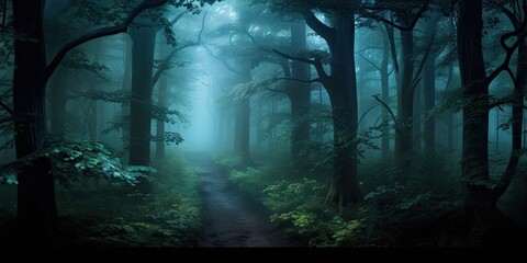 Mysterious misty morning nature. Embracing darkness. Foggy forest landscape. Lost in woods. Misty autumn path
