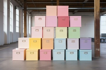 Large pastel storage boxes in a creative warehouse concept. Generative AI