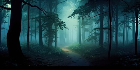 Mysterious misty morning nature. Embracing darkness. Foggy forest landscape. Lost in woods. Misty autumn path