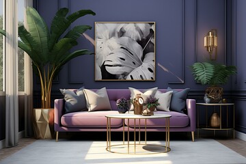 Modern lounge: blue-gray walls, dark purple couch, plants, golden details. Generative AI