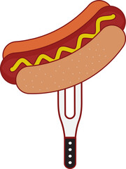 Isolated Hotdog On Fork Over White Background.