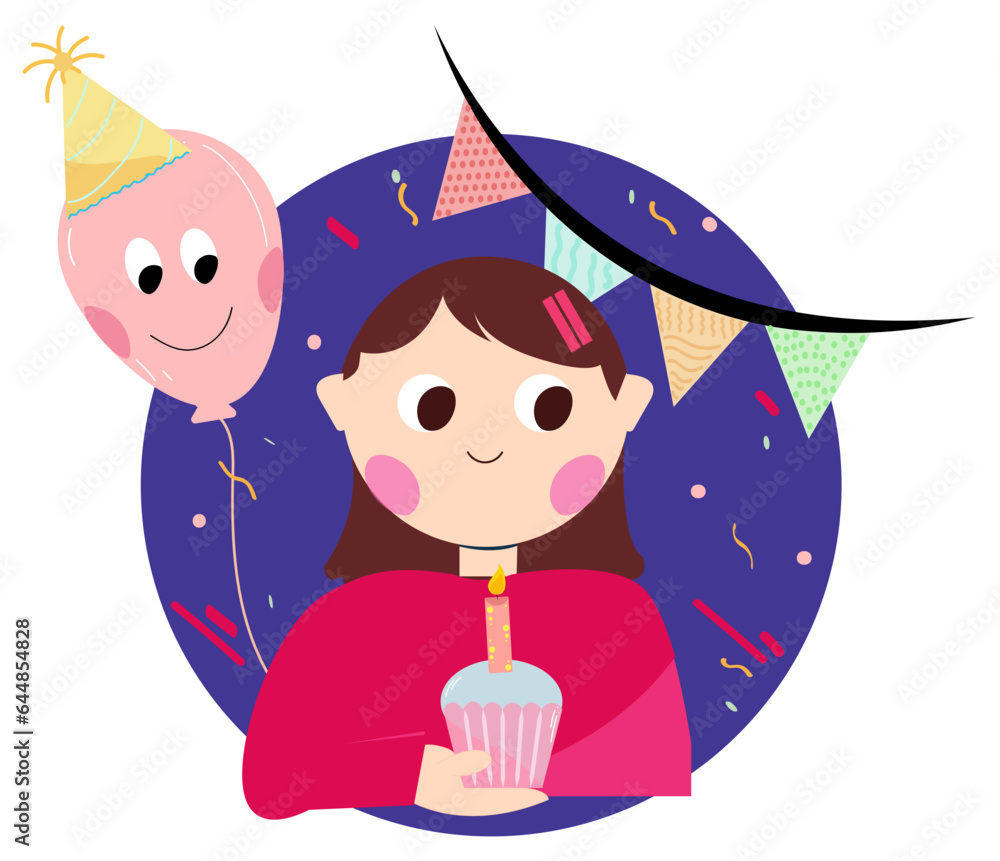 Canvas Prints sticker of cute young girl cartoon holding burning candle cup cake on balloons and bunting flags dec