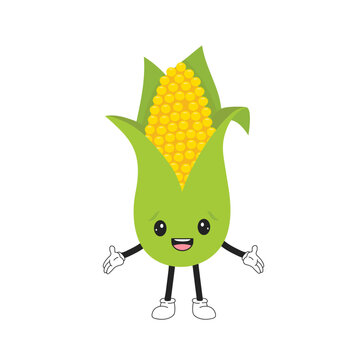 Cartoon emoticon corn cob need hugs. Friendly kawaii emoji character. 