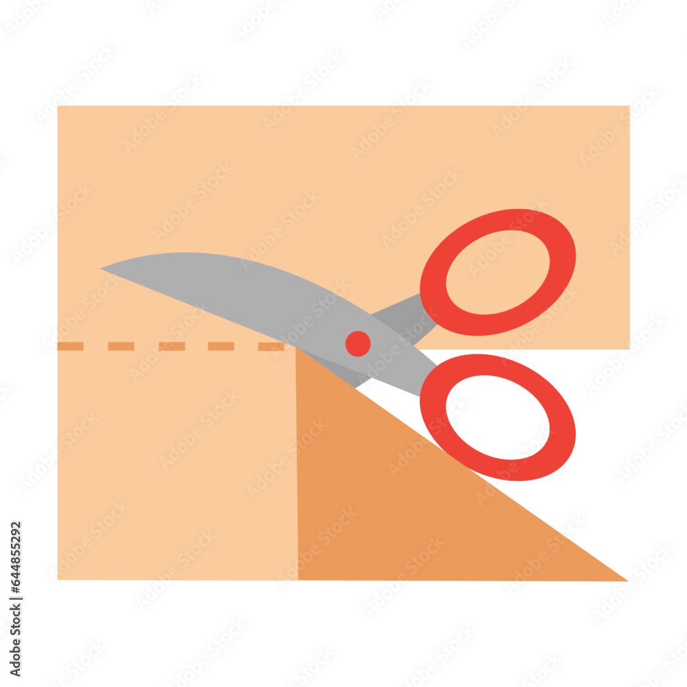 Poster sharp tailor scissors vector. cutting flap of fabric along cut line. multicolored flat vector icon r