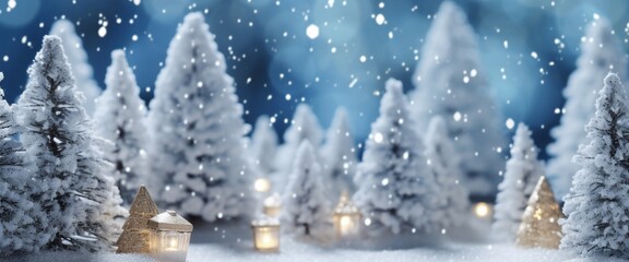 Fototapeta na wymiar Christmas banner, Christmas background with Xmas tree and sparkle bokeh lights winter landscape snowflakes