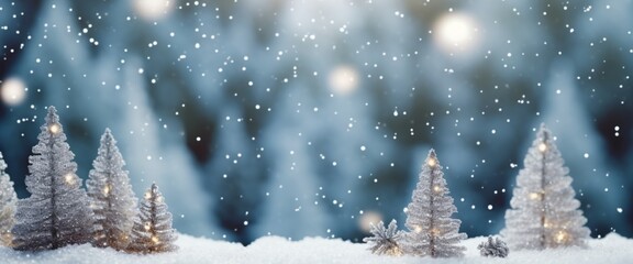 Obraz na płótnie Canvas Christmas banner, Christmas background with Xmas tree and sparkle bokeh lights winter landscape snowflakes