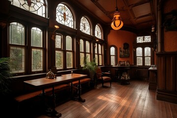 Retro steampunk hall in a Victorian house featuring large windows. Generative AI