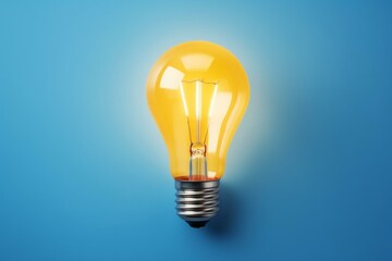 Yellow light bulb on blue background symbolizing creative idea and innovation. Generative AI