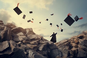 Unsuccessful education and learning, missed college and lost opportunities as students falling from a graduation mortarboard shaped cliff. Generative AI