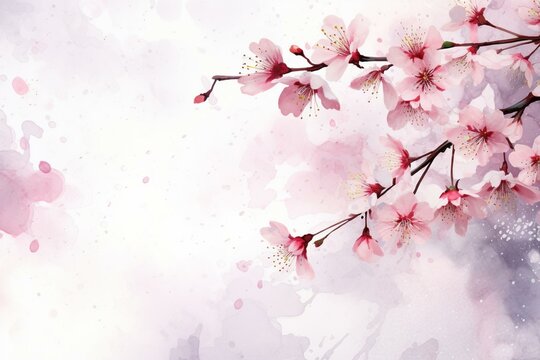 Spring Cherry Blossom With Watercolor Illustration And Falling Petals Background. Generative AI
