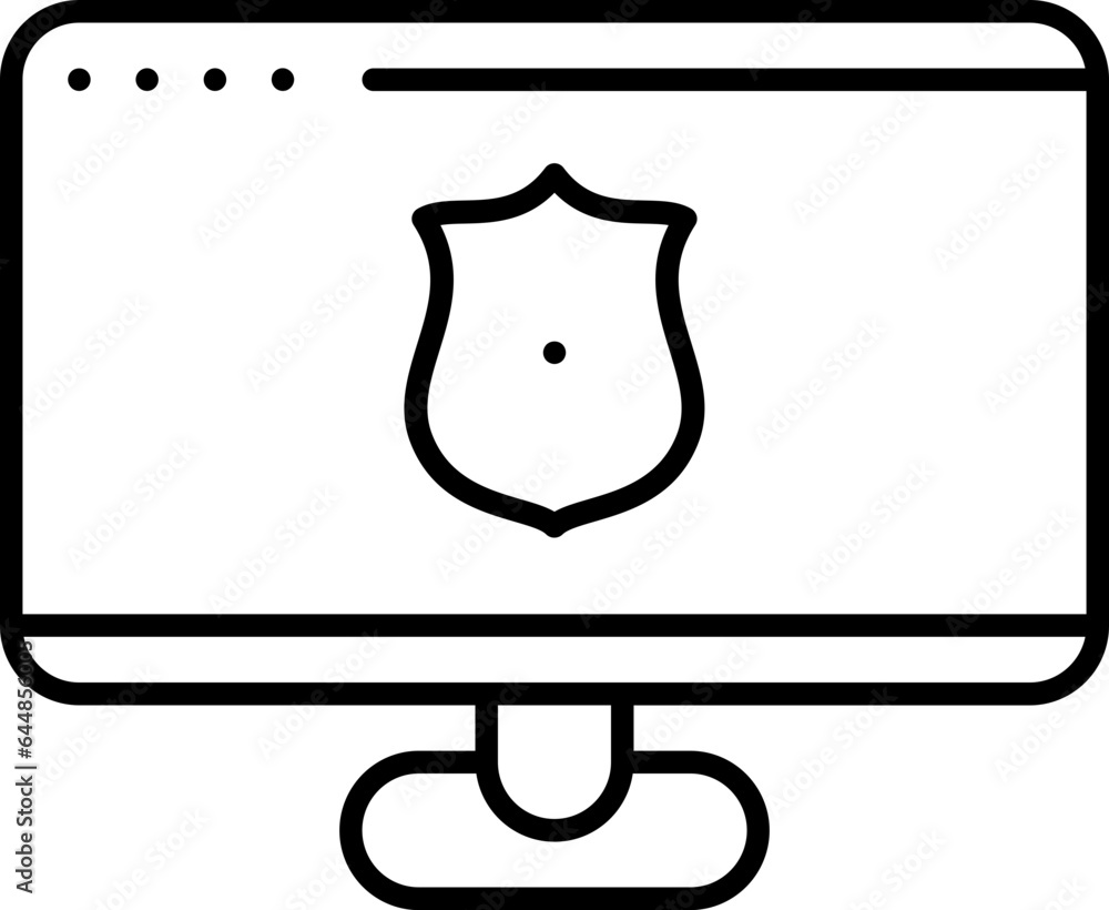 Poster shield in desktop screen for website security line art icon.
