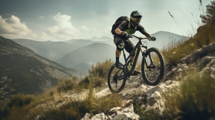 Fototapeta na wymiar Mountain biker going down hill, AI generated Image