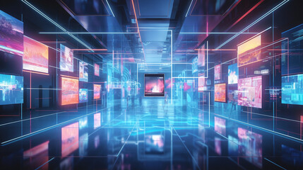 Modern neon purple interior with apps on screens. Data Network, Virtual Reality. Banner