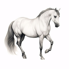 An elegant white horse, its beauty accentuated, isolated against a pure white background.