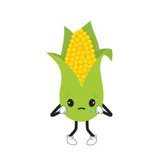 Sad cartoon emoticon corn cob. Kawaii emoji of crying character. 