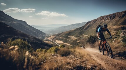 Fototapeta na wymiar Mountain biker going down hill, AI generated Image