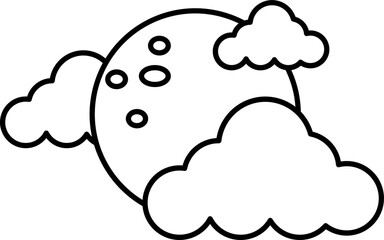 Black Stroke Illustration Of Full Moon With Cloud Icon.