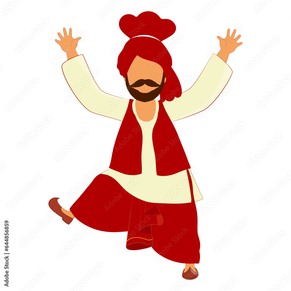 Wall mural Cartoon Punjabi Man Playing Bhangra Dance Over White Background.