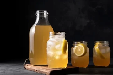 Fotobehang Refreshing beverage with ginger ale, kombucha, or lemon ginger iced lemonade. Sweet and sour alcoholic drink with empty space. Generative AI © Charles