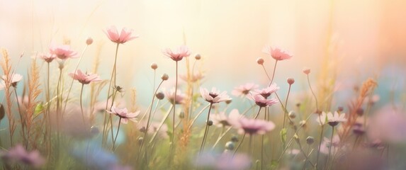Obraz na płótnie Canvas Beautiful meadow with pink cosmos flowers, retro toned.