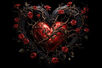 Romantic heart composed of roses and thorns in a visually striking fantasy artwork. Generative AI