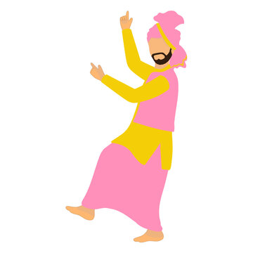 Cartoon Illustration Of Punjabi Man Dancing In Bhangra Dance Pose.