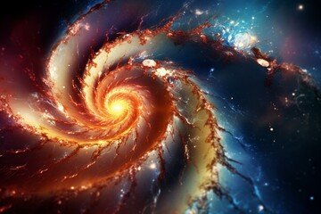 Spiral galaxy showcasing celestial wonders, including a dark void, nebula swirl, abundant celestial bodies. Generative AI - obrazy, fototapety, plakaty
