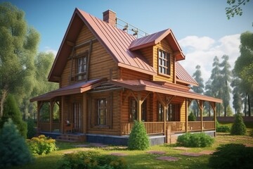 Fototapeta na wymiar Wooden country house with cozy interior, spacious living room and kitchen area, large windows, second floor bedroom. Generative AI