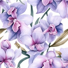 Seamless pattern orchid flowers painted in watercolor, AI generated