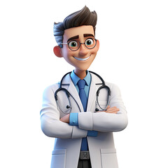 Fototapeta premium 3D Happy cartoon doctor. Cartoon doctor on transparent background. Generative AI