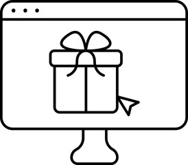 Gift Box With Cursor In Monitor Screen Line Art Icon.