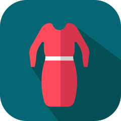 Red Female Western Dress Icon On Teal Square Background.