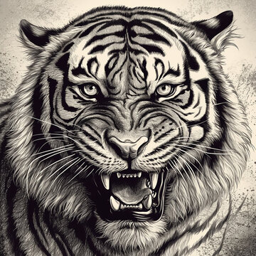 Portrait of an angry tiger with big fangs, bared its teeth, black and white drawing engraving style