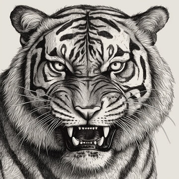 Portrait of an angry tiger with big fangs, bared its teeth, black and white drawing engraving style