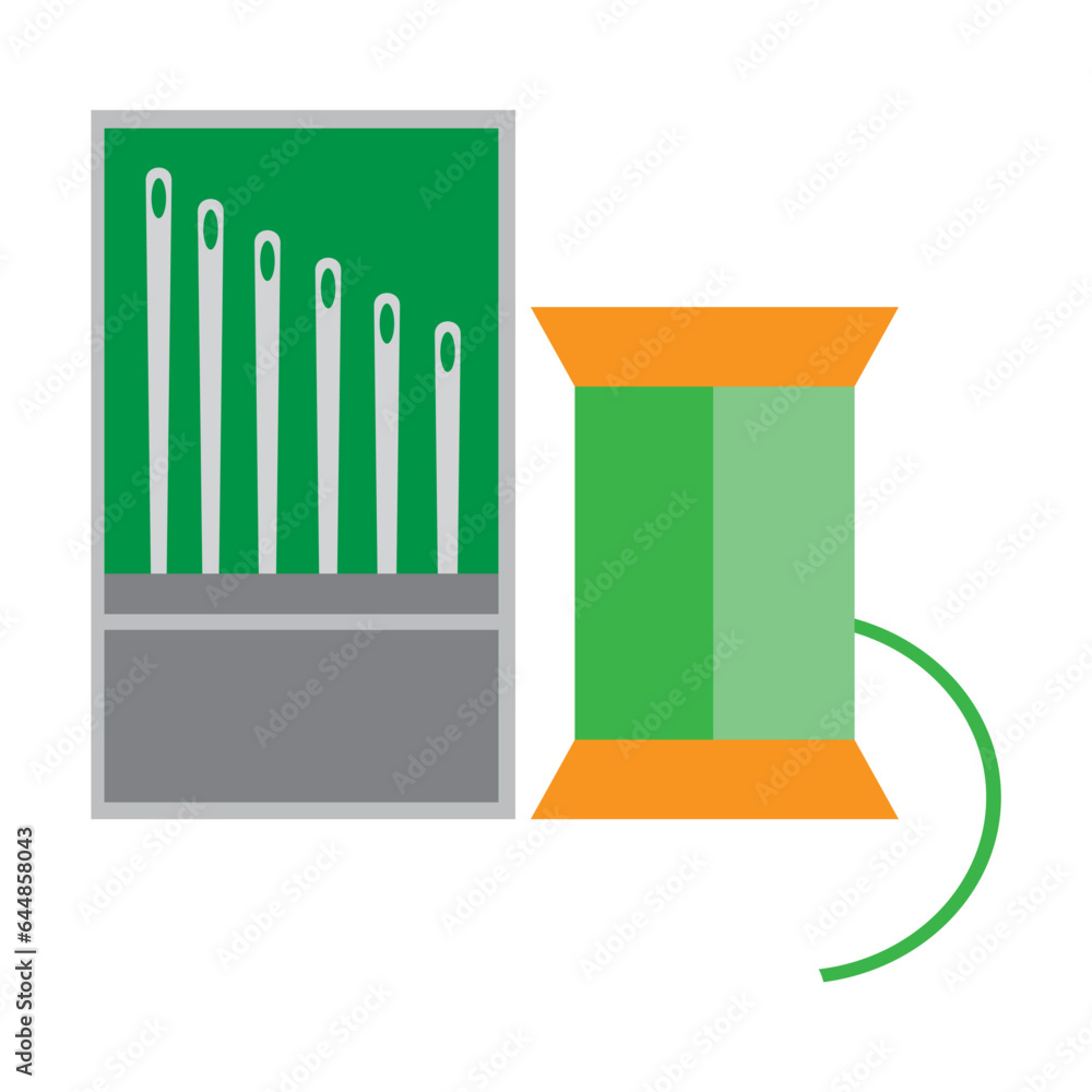 Poster spool of thread and set of needles. tools for repair and tailoring. multicolored flat vector icon re