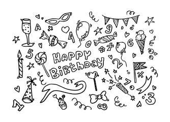 Handmade drawing happy birthday elements