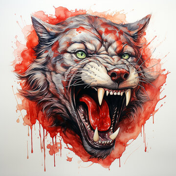 Scary head of an evil panther with a bared mouth with large fangs, stained with blood, a predatory beast, on a black close-up, Halloween background